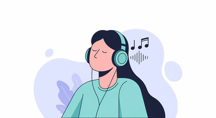 Obraz premium Illustration of woman listening to music with headphones and musical notes