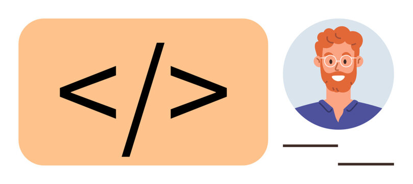 Web development, coding education, online learning, programming services, software creation, and IT support. HTML code symbol next to a smiling programmer avatar. Web development and coding education