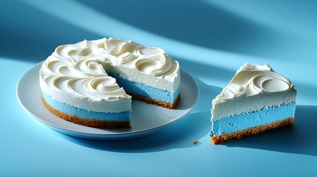 Round blue and white layered cake with cream frosting on a white plate, a slice removed, set against a light blue background with soft shadows