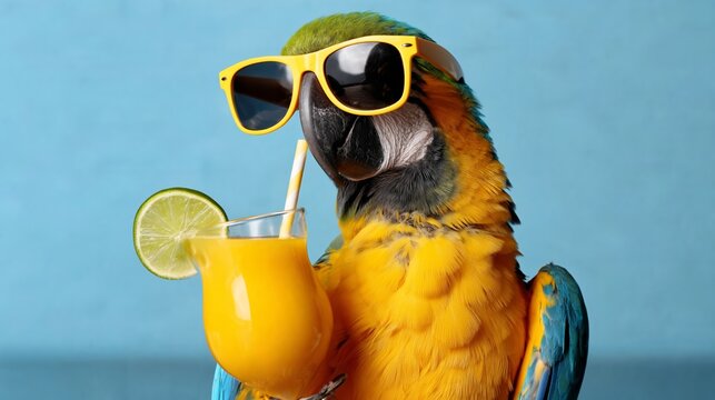 Colorful parrot wearing yellow sunglasses holds a tropical drink with a lime slice against a blue background, showcasing a playful and vibrant scene