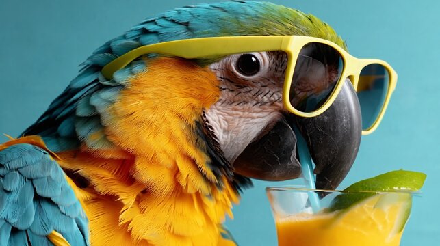 Colorful macaw parrot wearing yellow sunglasses sips a tropical cocktail with a lime wedge against a vibrant blue background