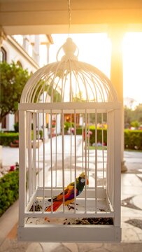 Colorful Parrot in a White Cage with Sunlight.