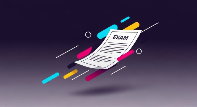 Dynamic Flying Exam Paper Illustration &ndash; High Speed Test Sheet with Vibrant Motion Lines and Geometric Shapes for Fast Education, Online Assessment, and Academic Success Concepts