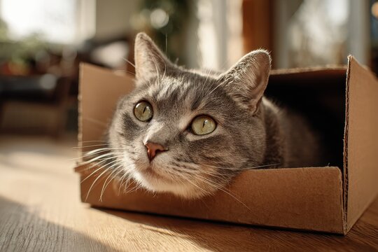 Gentle portrait of a grey tabby cat inside a cardboard box, cozy home interior with soft light