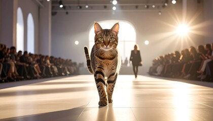 A cat confidently struts down a brightly lit fashion runway