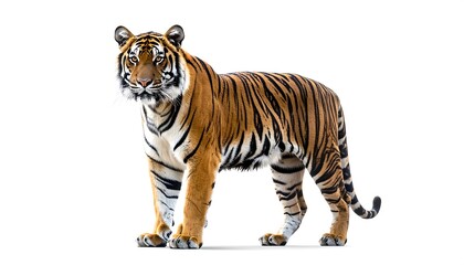 Fototapeta premium A majestic tiger, standing tall with its striking orange and black stripes, against a pure white background