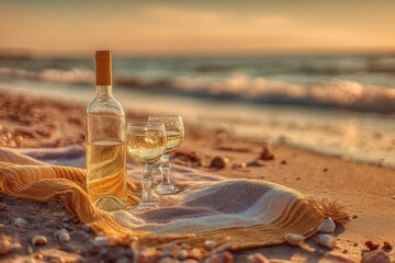 Obraz premium Golden Hour Seaside Calm: Wine Bottle and Glasses at the Shore