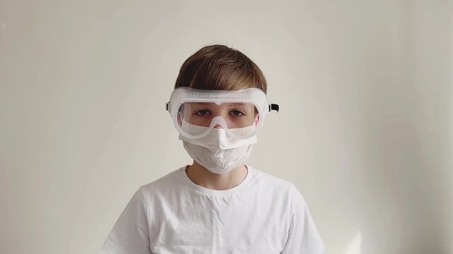 Boy putting on protective goggles and medical mask as safety precaution concept