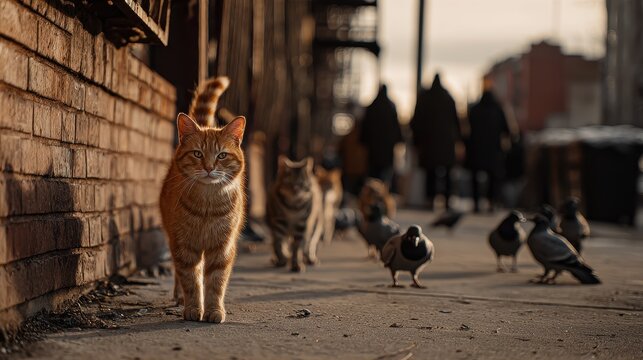 Group of feral street cats stalking pigeons on a city sidewalk; a striking red tabby with a smart, alert posture stands out