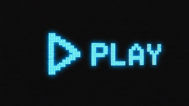 Animated retro pixel font play button text with media player start icon on digital interface element graphic over black background for vintage video control motion display in 4K resolution.