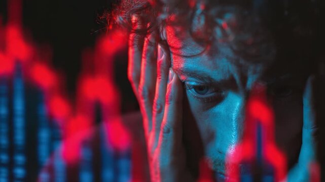 Market Downfall:  A man's face is etched with worry as the stark red lines of a financial graph descend, reflecting the stress of economic hardship