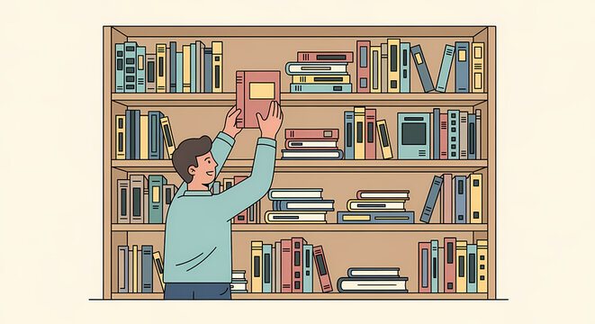 Man taking a book from a fully stocked bookshelf
