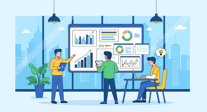Business team analyzing data charts and graphs in modern office