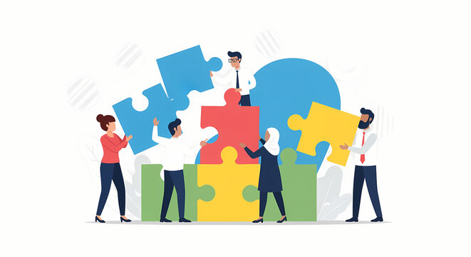 Business team assembling colorful puzzle pieces symbolizing teamwork and collaboration