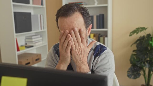 Man middleaged beard in argyle sweater covering face with hands and palms up at computer monitor on desk in office with bookshelf boxes and plant; frustration fatigue.