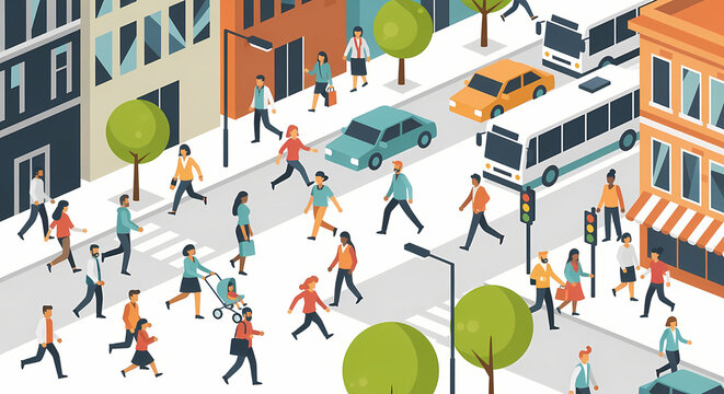 Isometric city street with pedestrians crossing and vehicles stopped at traffic lights