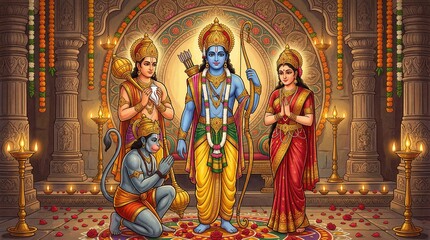 Fototapeta premium Hindu god rama sita laxmana hanuman darshan ram navami festival celebration wallpaper hd