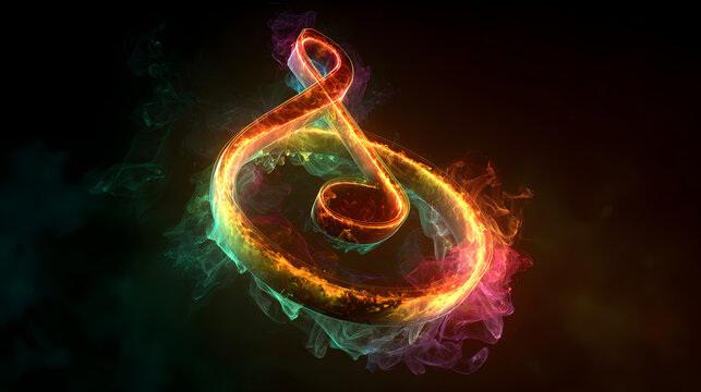 Neon musical note in radiant smoke ring with reggae dancehall glow on dark abstract design