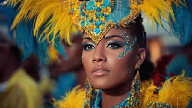 Carnival Queen: A mesmerizing beauty adorned in an extravagant carnival headdress, embodying the vibrant spirit of a cultural celebration. capturing a moment of poise amidst the festive atmosphere