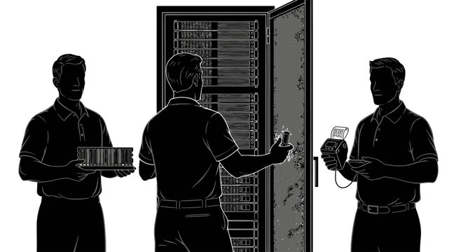 Three technicians installing hardware in a server room with equipment