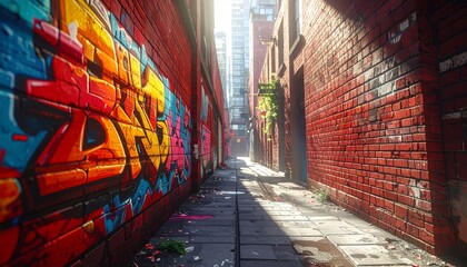 Fototapeta premium Vibrant Urban Alleyway with Colorful Graffiti and Sunlight.