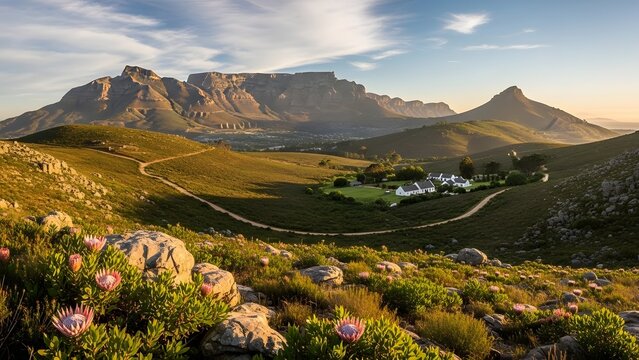Majestic Table Mountain vista at sunrise, a breathtaking panorama of Cape Town's iconic natural landmark with rugged terrain and blooming flora