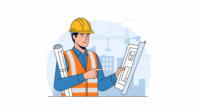 Construction engineer reviewing blueprints on site with safety helmet and vest