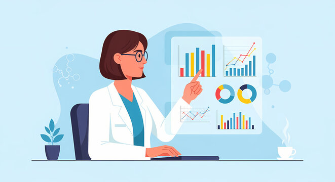 Businesswoman analyzing data charts on virtual screen in office environment