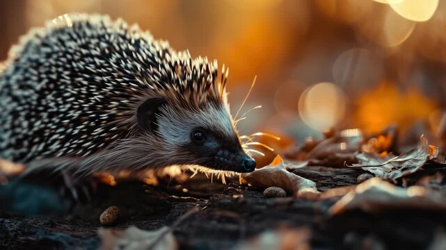 A cute hedgehog is captured in a woodland scene during autumn, looking at the ground where there are seeds and leaves scattered.