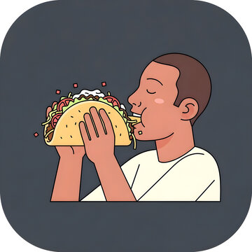 Young person enjoying a large, delicious taco with closed eyes, savoring the flavors. Flat design illustration.