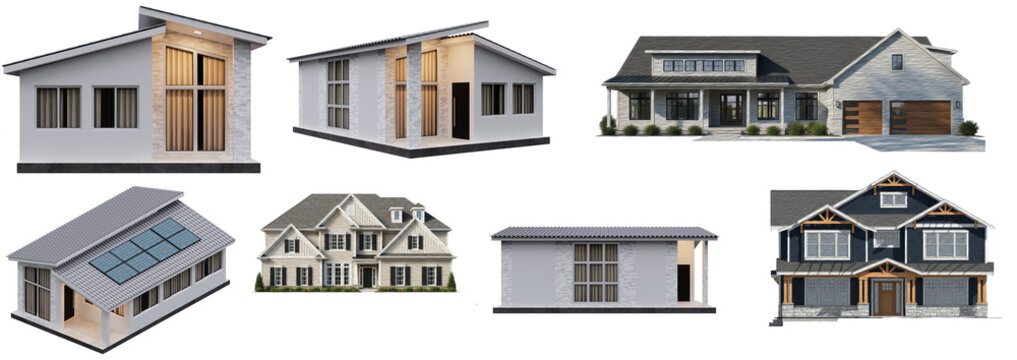 Collection of diverse residential house designs featuring modern architecture, traditional styles, and various facades.
