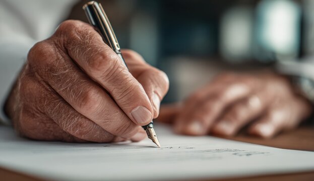 A mature hand with textured, aged skin writing on paper with a silver ballpoint pen in a well-lit indoor environment