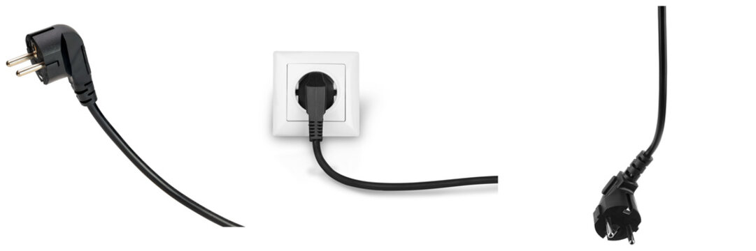 Various black electrical plugs and power outlets, including a plug inserted into a wall socket.