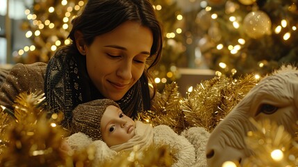 Fototapeta premium Mary watches over baby jesus in a manger surrounded by a lamb and donkey in bethlehem s night sky