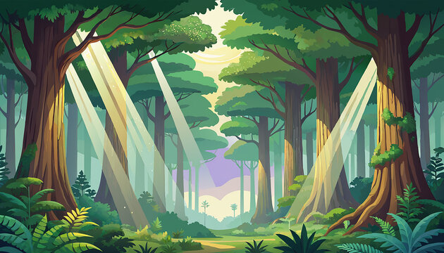 Sunbeams Filtering Through a Lush Green Forest Background Generative AI