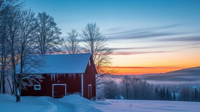 A serene winter scene with a red barn under a vibrant sunset sky