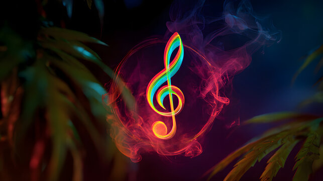 Neon musical note in radiant smoke ring with reggae dancehall glow on dark abstract design