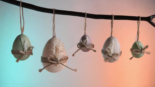 Pastel easter eggs in green, white, and purple hang from a natural branch, tied with twine bows and dried leaves against a vibrant background for spring celebration