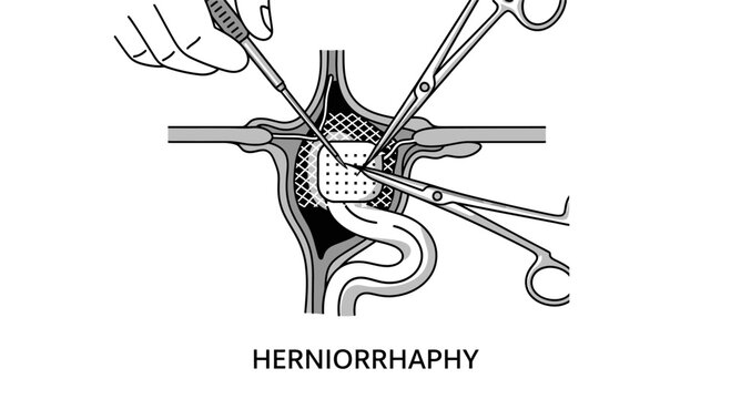 Herniorrhaphy Surgical Procedure Illustration with Mesh Implantation.