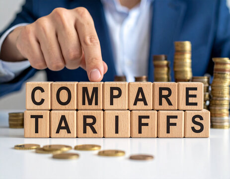 Compare Tariffs - Geschäftsmann zeigt auf das Wort "Compare Tariffs"