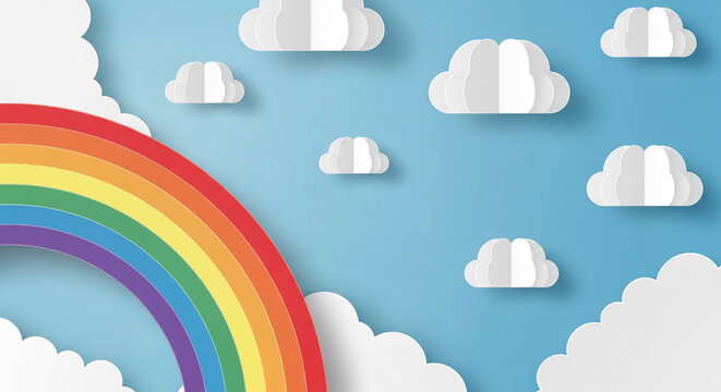 Illustration of rainbow and clouds made with paper cut effect, representing happiness, hope, good fortune and positive future outlook