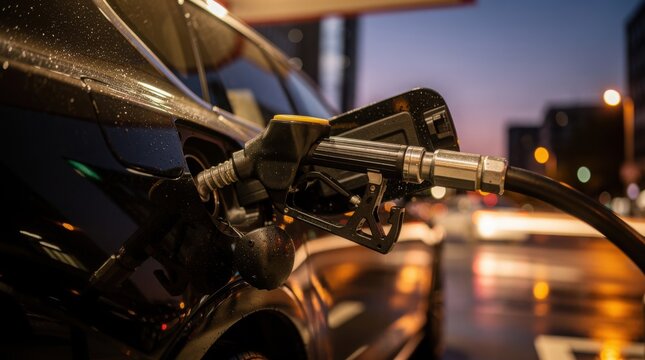 A close-up of a black car being refueled at a gas station during dusk with city lights blurred in the background.