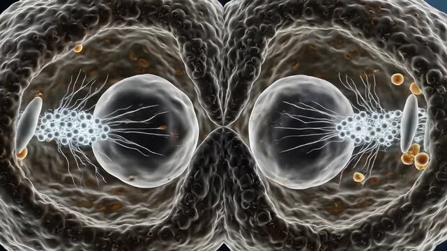 Microscopic view of cell division process showing mitosis stages.