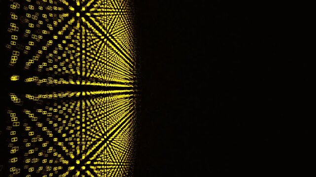 Cryptographic blocks lock from chaos into a rigid lattice with molten gold flares. Represents immutable ledger verification. Great for fintech and blockchain pitch decks.