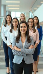 Obraz premium Group Of Six Women Standing On Indoor Staircase In To Professional Office Setting With Large Windows Allowing Natural Light Flood Space Main Subject