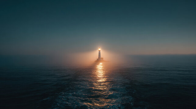 Lighthouse beacon fog ocean night calm golden serene lighthouse beacon thick morning fog over calm ocean water moody night sky.