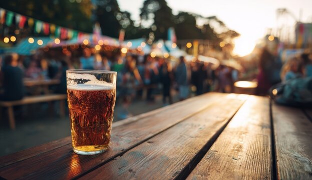 Glass of cold beer on wooden outdoor table at a vibrant night market with string lights and crowds