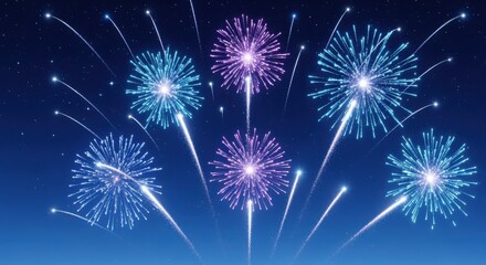 Fototapeta premium Colorful fireworks explode brightly against a clear night sky, creating a festive and vibrant display.