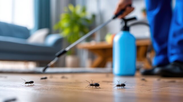 A professional pest control technician in blue overalls using a sprayer to exterminate insects on a wooden surface