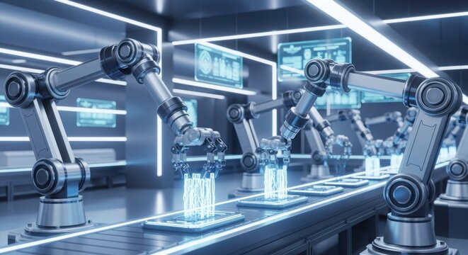 Robotic arms in a futuristic lab automate precise handling of test tubes, highlighting advanced technology in scientific research and manufacturing.